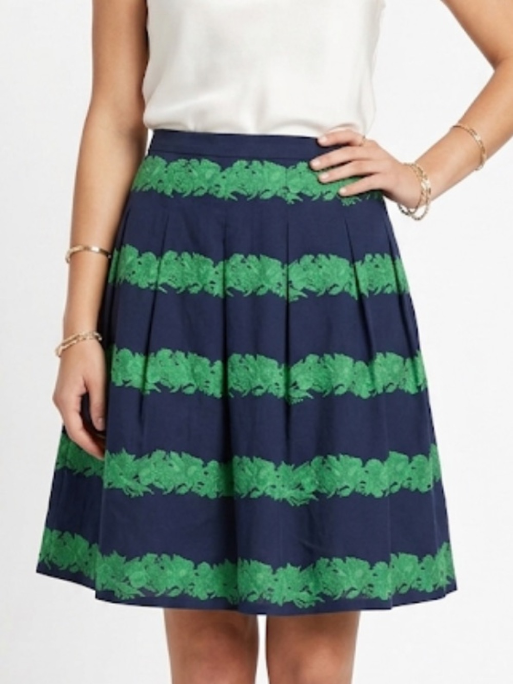 J. Crew Silk Navy Blue Green Floral Stripe Pleated A-Line Skirt Size 12 
L